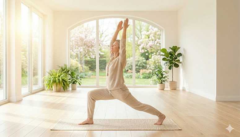Photograph of a yogi standing in warrior one pose developing strength and inner stability