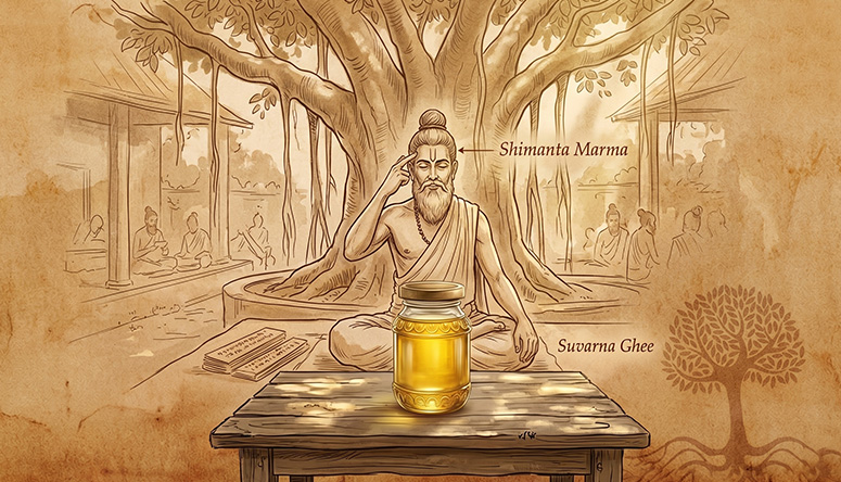 Ayurvedic study scene on parchment: golden ghee jar, meditating sage touching Shimanta marma.