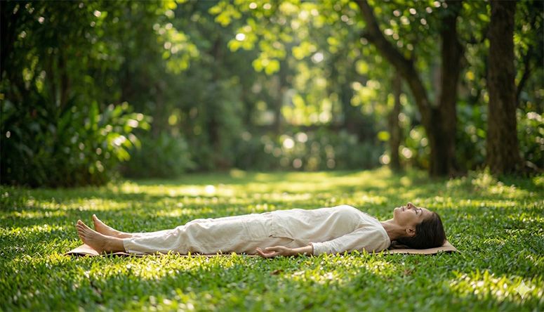 A woman in Shavasana pose resting outdoors in shade to calm internal heat and support holistic Ayurvedic skin health.