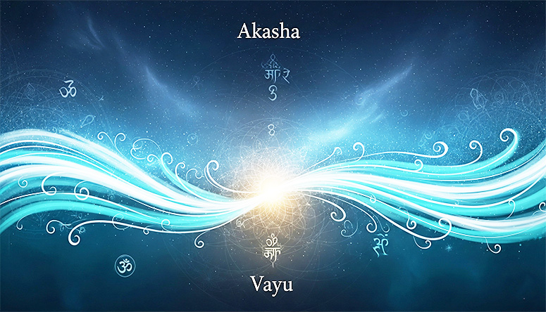 Abstract visualization of Akasha and Vayu elements connecting through cosmic light waves and sacred geometry symbols