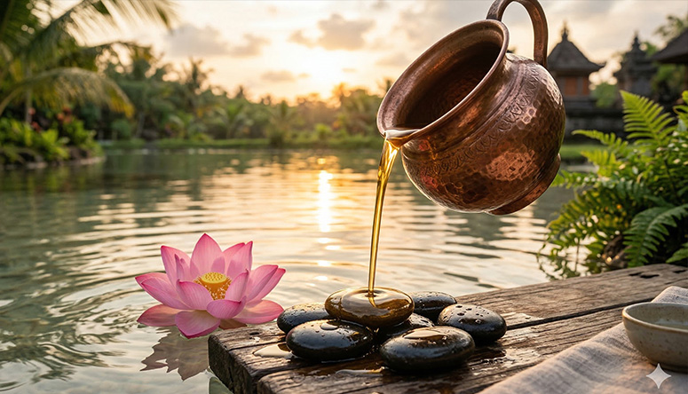Photo. A copper oil vessel and lotus create a harmonious atmosphere, reflecting the true heart of Ayurveda.