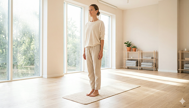 Photograph of a person standing straight in mountain pose for grounding yoga practice