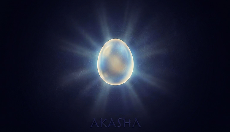 Glowing blue egg in the center of the universe emitting light rays symbolizing Akasha energy and the birth of life