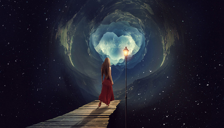 Woman in a red dress on a pier facing a glowing cosmic portal, visualizing the profound journey of our karmic objectives.
