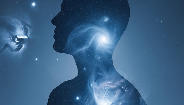 Human silhouette filled with stars and galaxies against a deep space background visualizing the microcosm-macrocosm link