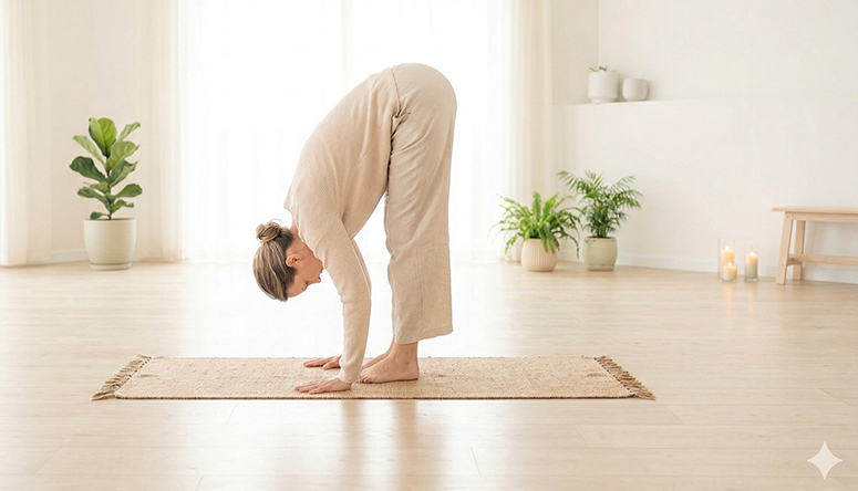 Photograph of a person performing a forward fold uttanasana to relax the nervous system