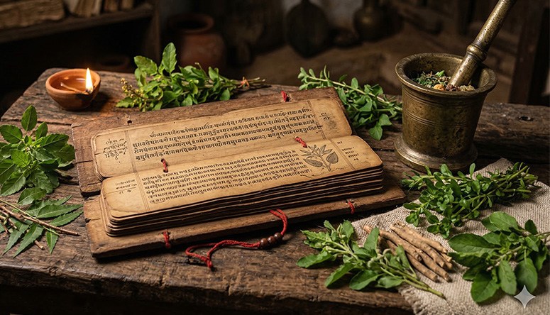 Photo. Ancient manuscript and medicinal herbs rest on a table, symbolizing the core principles of Ayurveda.
