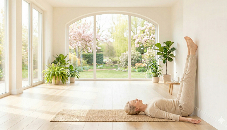 Photograph of a person lying with legs elevated on a wall improving venous blood circulation