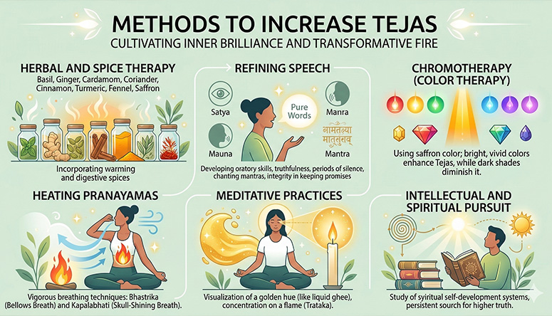 Infographic of six methods to increase Tejas including herbal therapy refining speech and meditation