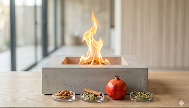 Clean flame in a minimalist altar next to natural ingredients symbolizing Agni and nutrient bioavailability