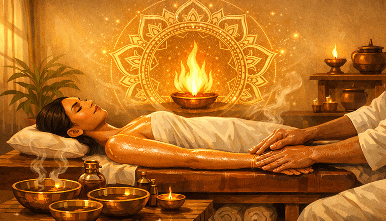 Art of a woman receiving a warm oil massage representing the preparation phase for Ayurvedic cleansing