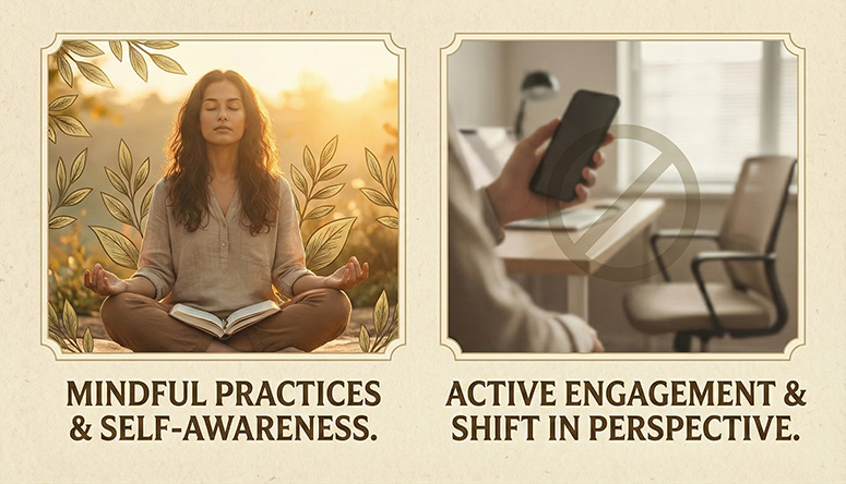 Graphic comparing a meditating woman in nature with a crossed-out smartphone to illustrate digital detox and focus