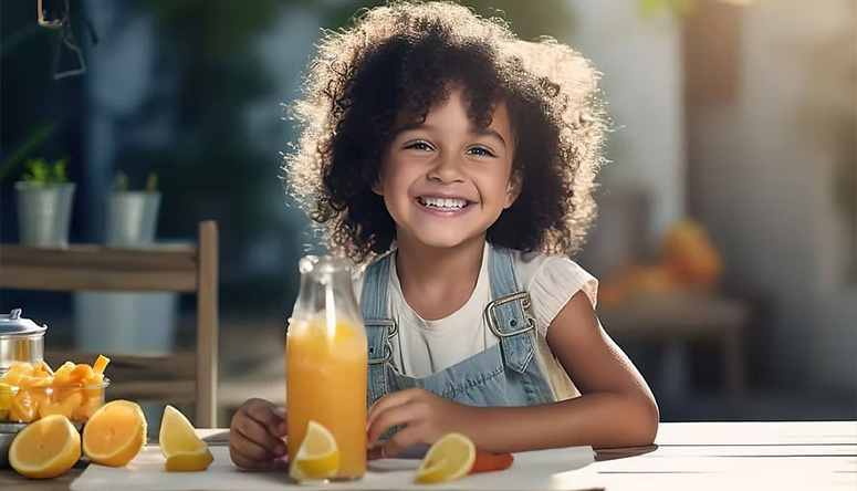 Happy child with citrus water balancing Pitta energy to stay healthy and refreshed during the Ayurvedic summer season