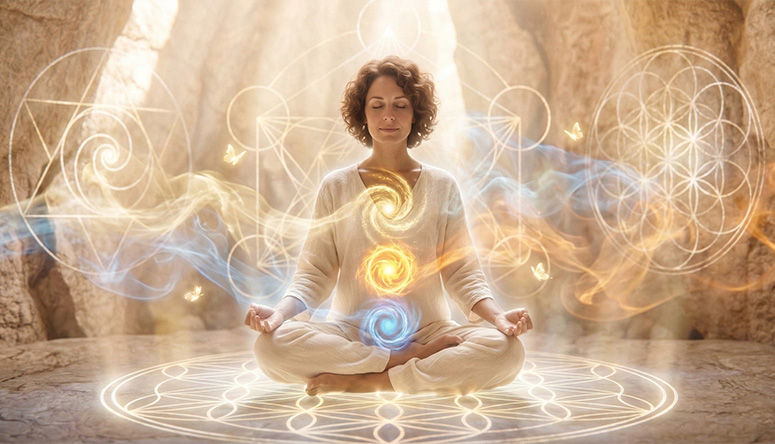 Digital art of a human silhouette with three glowing energy centers representing Prana Tejas and Ojas
