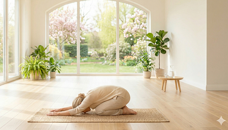 Photograph of a person resting in childs pose to restore energy and lower vata dosha