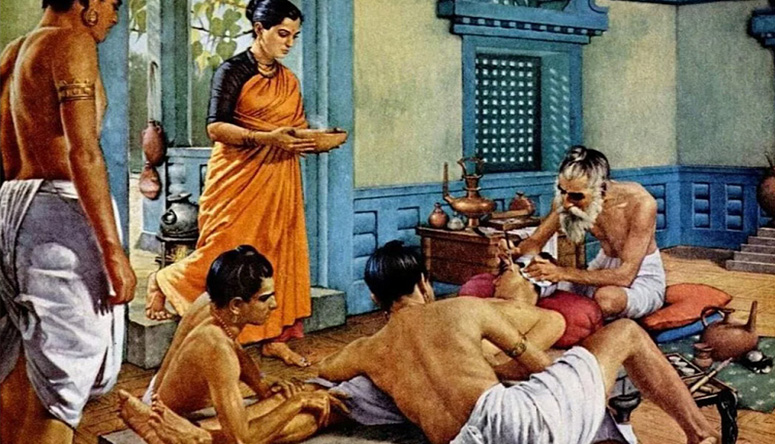 Photo of an ancient Indian physician performing surgery, illustrating the history of medicine and Ayurveda.