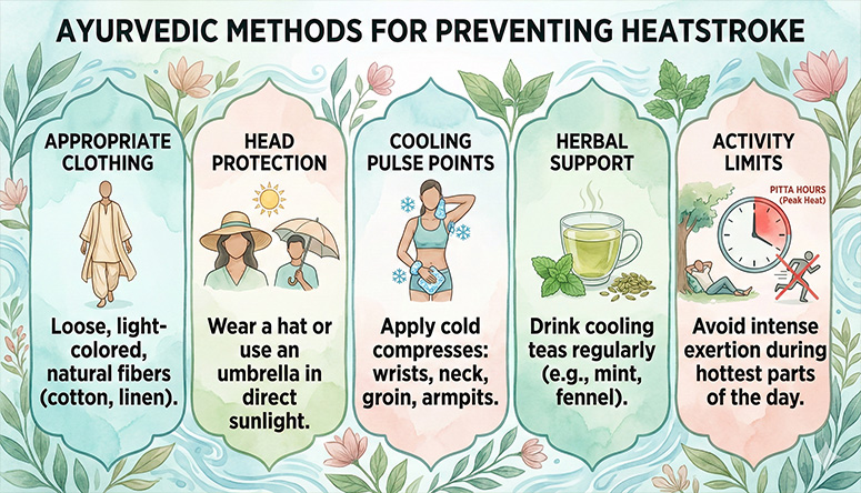Infographic illustration showing five key Ayurvedic methods for preventing heatstroke during summer peak heat hours.
