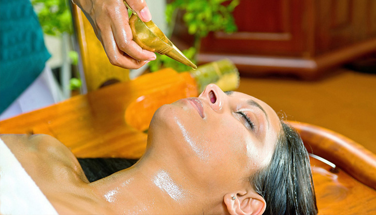 Digital art of a delicate relaxing facial massage before intensive Nasya therapy to relieve stress and built up tension.