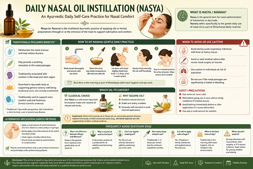 Infographic detailing the steps benefits and safety rules of daily nasal oiling practice