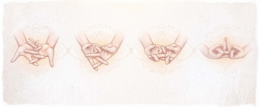 Instructional diagram showing four step-by-step hand positions for forming the Prayer for Happiness mudra