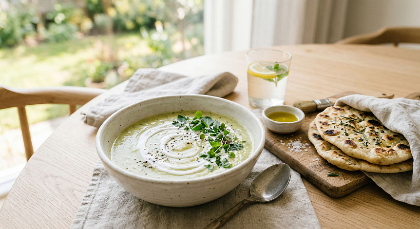 Photo of a creamy zucchini soup in a bowl showcasing a healthy and light summer dinner
