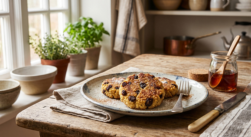 Food photography of golden millet patties served on a ceramic plate as a healthy Kapha balancing breakfast