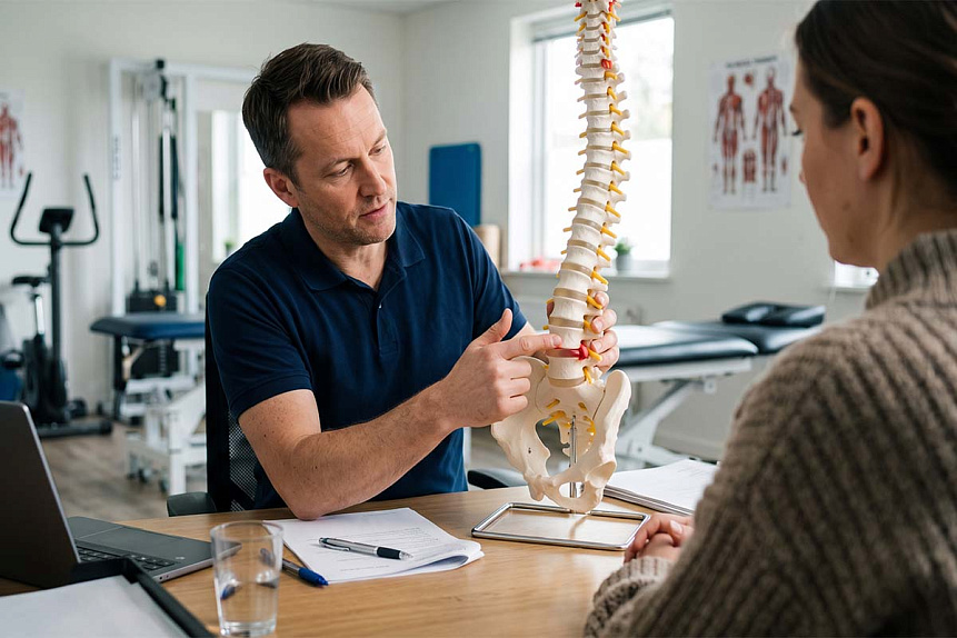 Natural photograph of a physical therapist showing a lumbar spine herniation model to a patient in a clinic