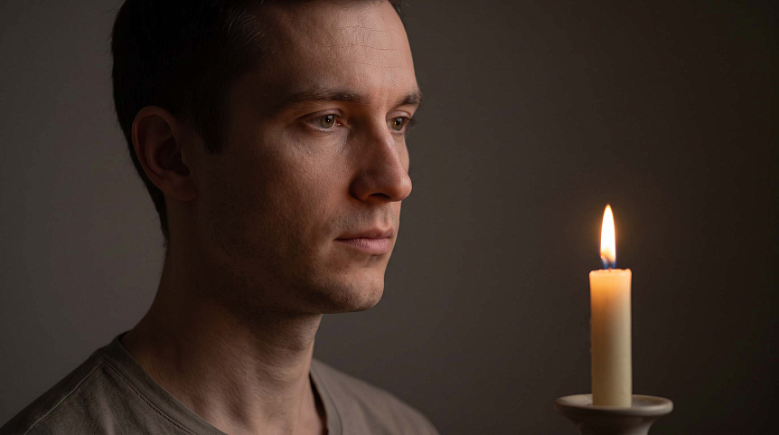 Photograph of a man's face intently looking at a candle flame during external trataka practice.