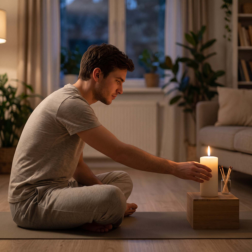 Photograph of a seated man adjusting a candle on a stand while preparing the room for evening meditation.