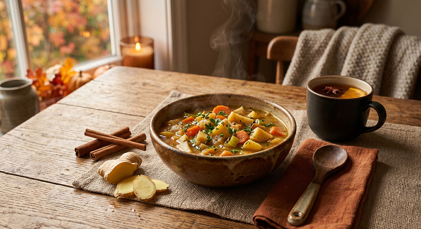 Photo of steaming root vegetable stew and spices showcasing autumn Ayurvedic nutrition.