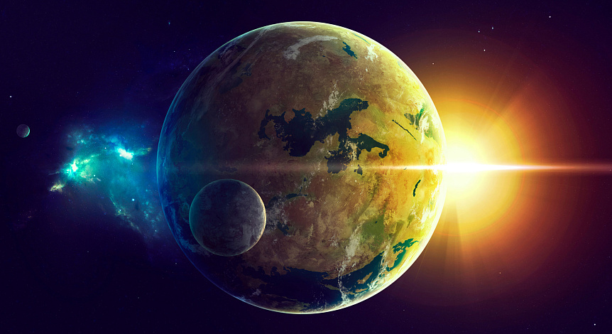 Digital art of an exoplanet and a moon illuminated by a star, illustrating deep space (exoplanet research).