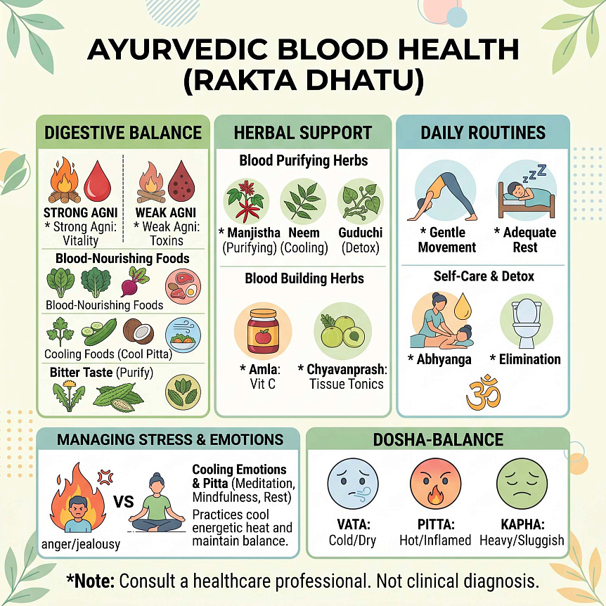 Comprehensive chart summarizing daily Ayurvedic practices and dosha management for Rakta health