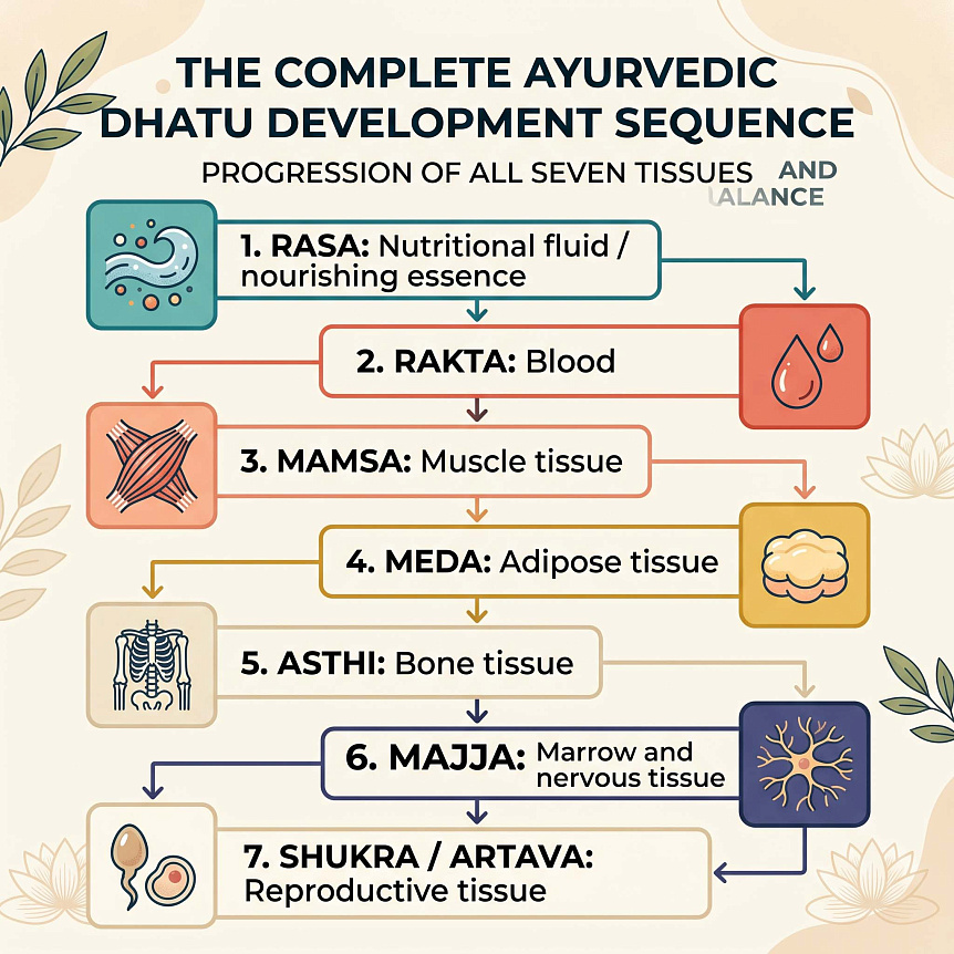Flowchart with icons displaying the seven sequential stages of tissue development for Ayurvedic physiology