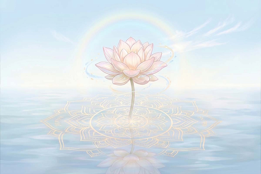 Digital art of a glowing pink lotus flower with a golden mandala reflection on calm water