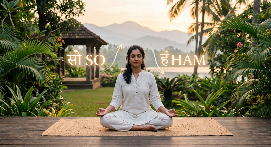 Photo of a woman meditating outdoors demonstrating the breath cycle for the So Ham mantra