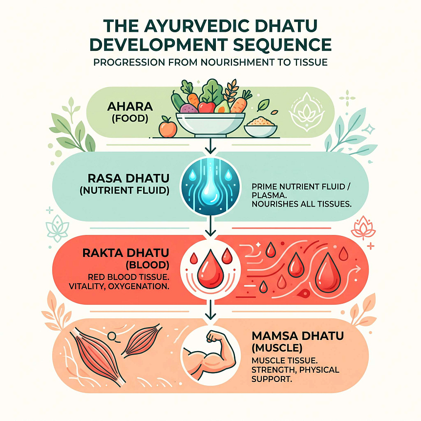 Schematic infographic showing the sequential development from food to muscle for Ayurvedic education