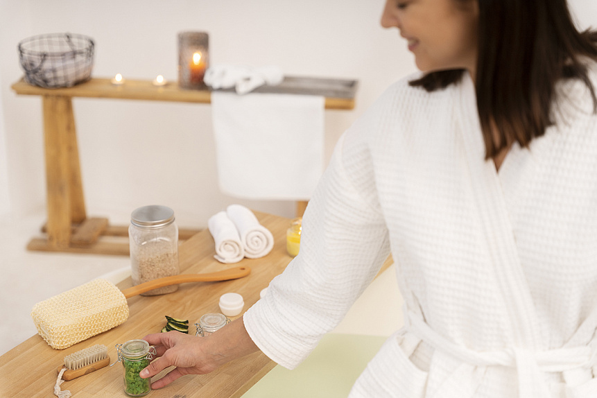 Photo of a woman in a bathrobe preparing natural body care products practicing Ayurvedic morning self-care rituals.
