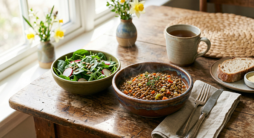 Food photography of a warm lentil dish with greens supporting an Ayurvedic spring diet