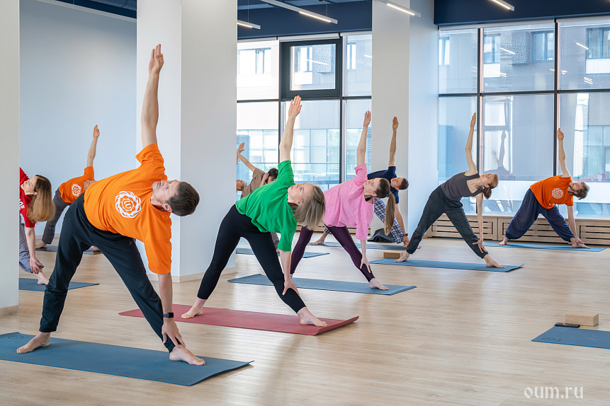 Photo of a group of people performing a gentle standing stretch in a bright studio for safe practice