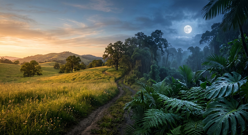 Photo of sunlit field transitioning to moonlit forest illustrating seasonal immunity shifts.