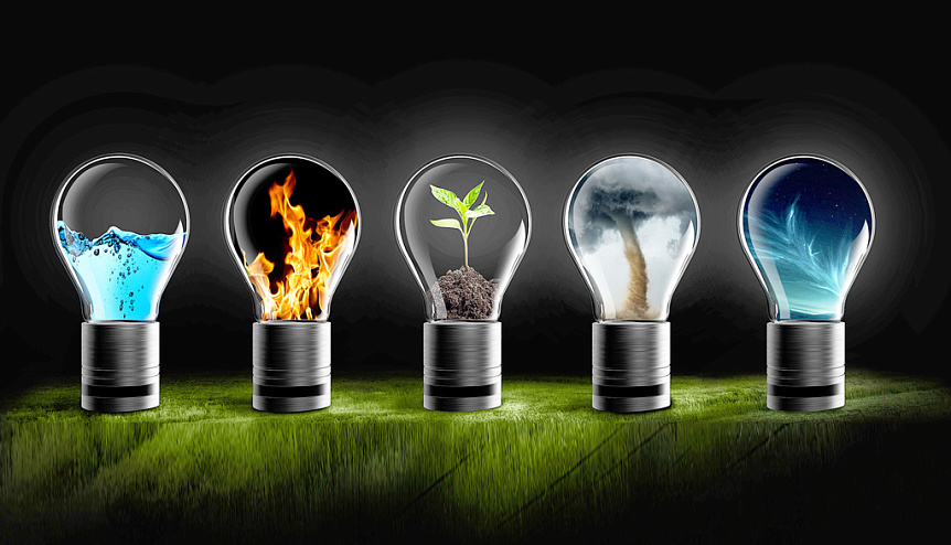 Conceptual image of five light bulbs containing water fire earth wind and ether elements symbolizing Ayurvedic Pancha Mahabhuta