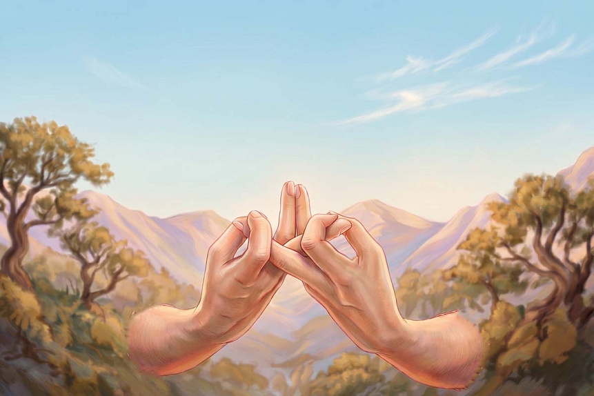 Digital illustration of hands performing a complex yoga mudra against a serene mountain sunrise