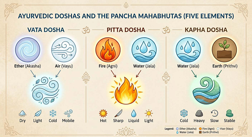 Infographic illustrating the relationship between the three doshas and the five elements in Ayurvedic constitution and doshic balance.
