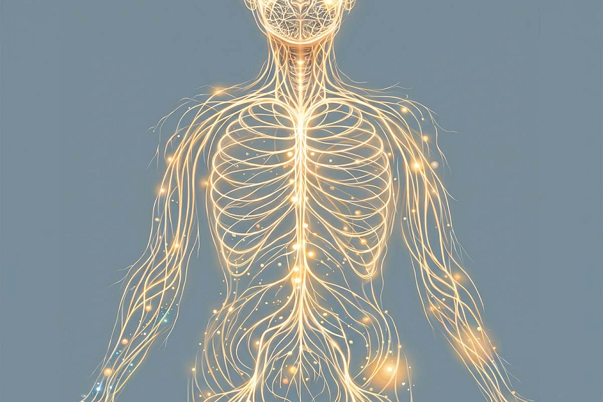 Digital art of a glowing human silhouette demonstrating energy flows to understand the concept of rasa dhatu