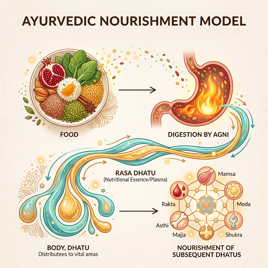 Diagram of the digestive system illustrating the transformation of food into a nutrient fluid for the basis of metabolism
