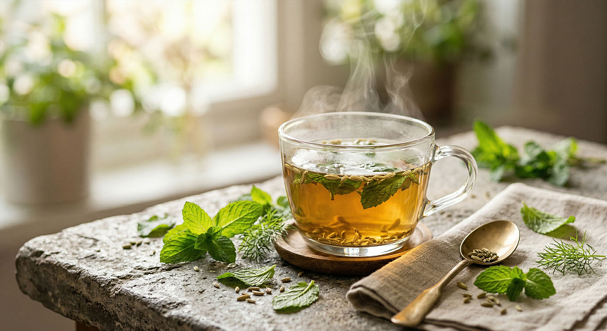 Photo of warm mint tea in a glass cup maintaining the internal balance of the pitta dosha