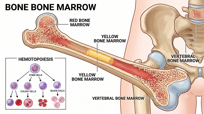 Anatomical diagram of a bone cross-section illustrating red and yellow marrow and the hematopoiesis process.