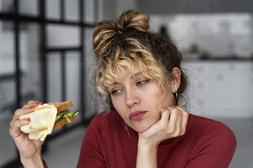 Photo of a tired young woman holding a sandwich symbolizing confusion in modern fasting trends
