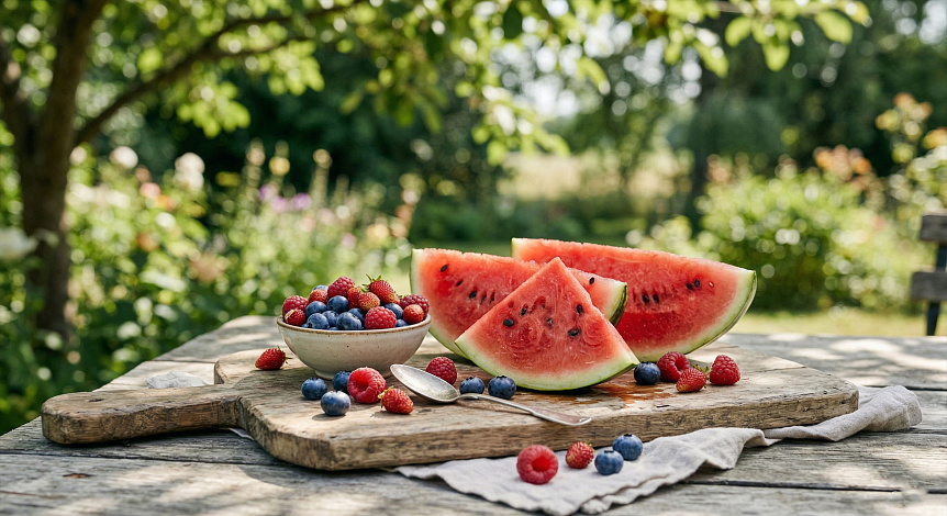 Photo of fresh summer fruits on a wooden board harmonizing the diet with ayurvedic summer nutrition
