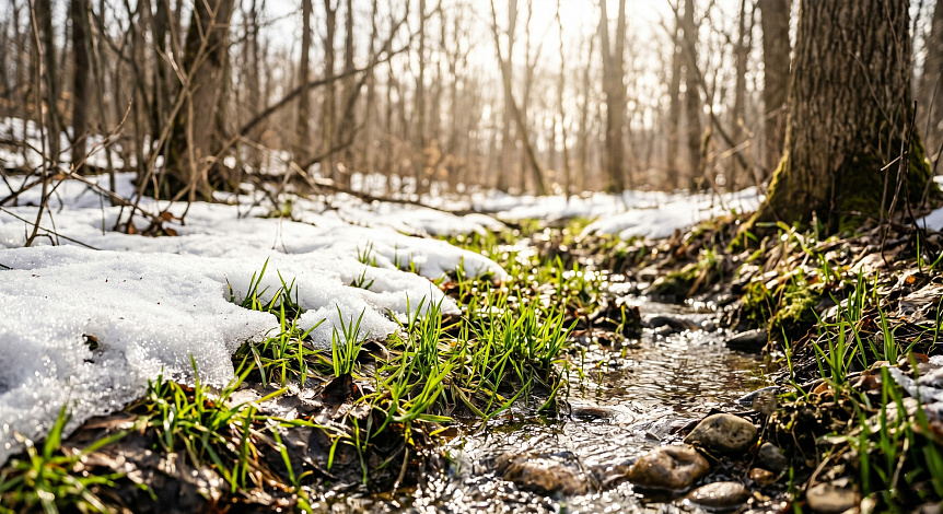 Photography of melting snow and a spring stream highlighting the damp qualities of Kapha season